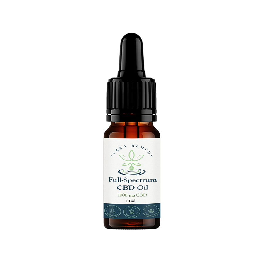 Bottle of Terra Remedy Full-Spectrum CBD Oil, containing 1000 mg of CBD in a 10 ml bottle. Lab-tested, 100% organic, and rich in Omega 3-6-9, this broad-spectrum CBD oil is designed for versatile wellness support.