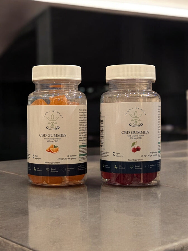 Terra Remedy CBD Gummies - Available in orange and cherry flavors. 30 gummies per bottle with vegan, sugar-free formulas. Choose between 300mg and 750mg CBD.