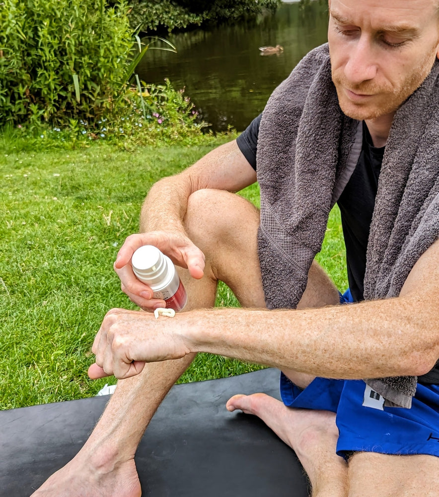 
                  
                    Person applying Terra Remedy Muscle Relief Warming CBD Gel to arm after a workout for muscle recovery and soothing relief. The gel contains 500 mg of CBD with a warming effect.

                  
                