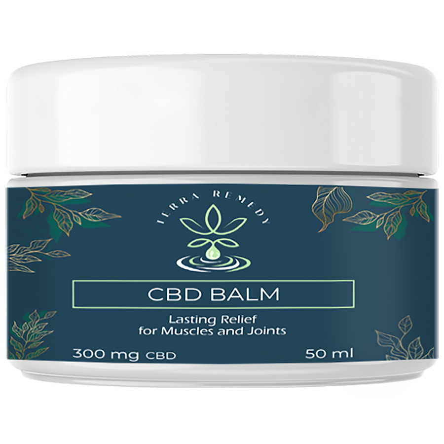 
                  
                    Terra Remedy CBD Balm 300 mg for lasting relief of muscles and joints, presented in a 50 ml jar. The label showcases premium ingredients and CBD oil content, reflecting the product's high quality and focus on natural, soothing muscle and joint relief.
                  
                