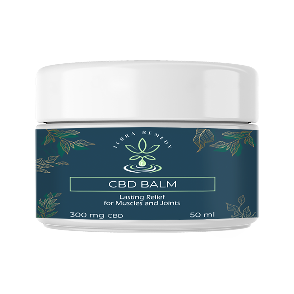 Terra Remedy CBD Balm 300 mg for lasting relief of muscles and joints, packaged in a 50 ml jar. This CBD product is made with natural ingredients and infused with premium CBD oil to soothe pain, reduce inflammation, and promote recovery.