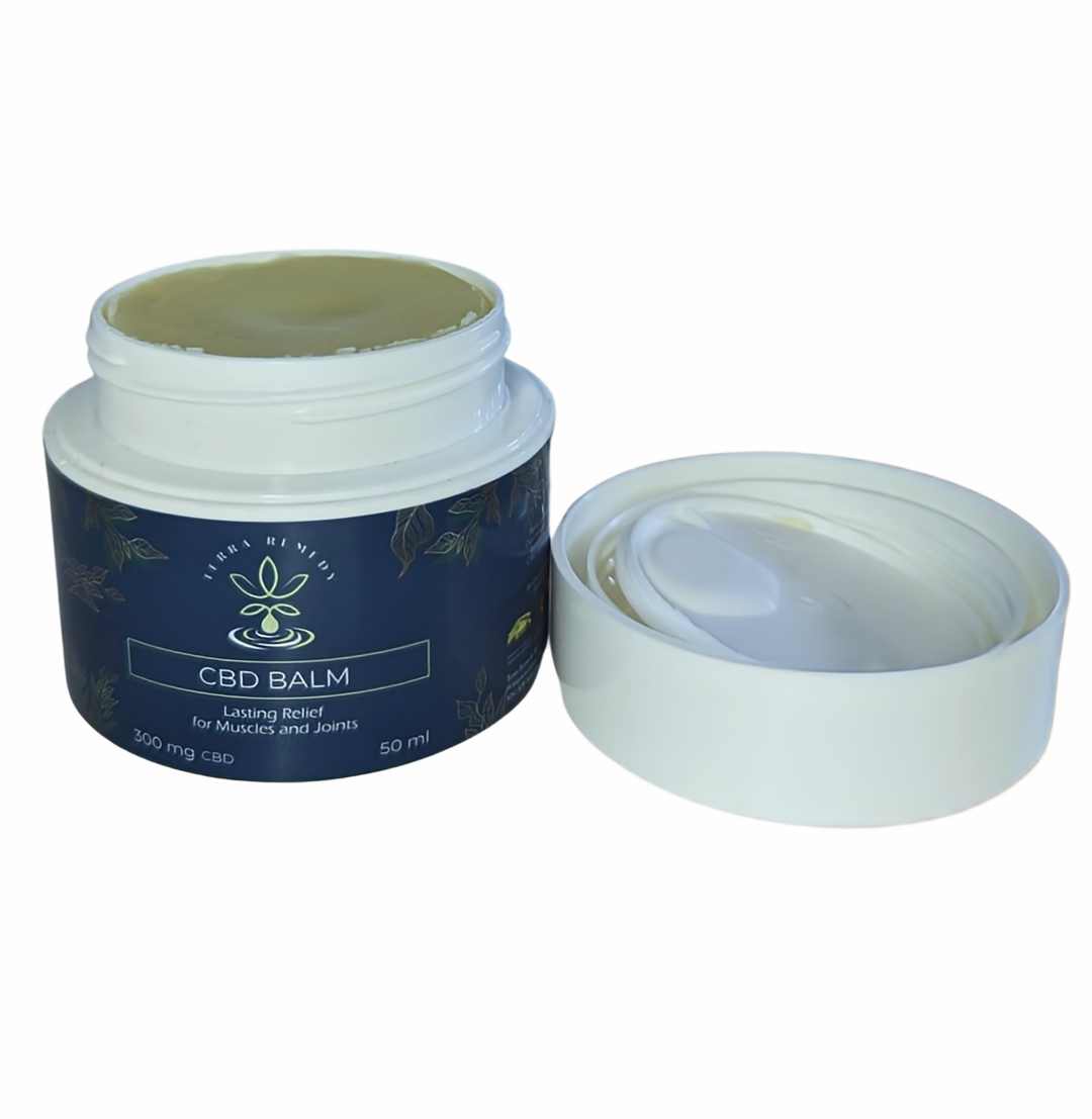 
                  
                    Open jar of Terra Remedy CBD Balm 300 mg, revealing a smooth balm texture, designed for lasting relief for muscles and joints, contained in a 50 ml jar.
                  
                