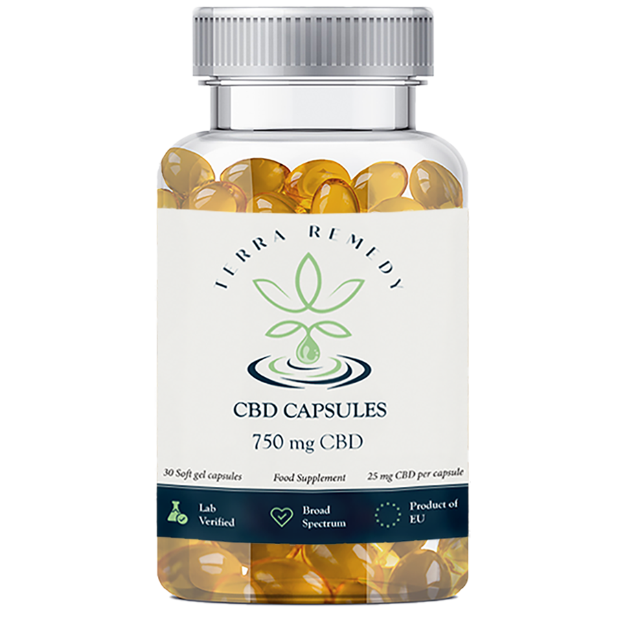 
                  
                    Bottle of Terra Remedy CBD capsules containing 750 mg of broad-spectrum CBD. The bottle features 30 soft gel capsules, each providing 25 mg of CBD per capsule. Lab-verified, EU-certified product for convenient and precise CBD intake.
                  
                