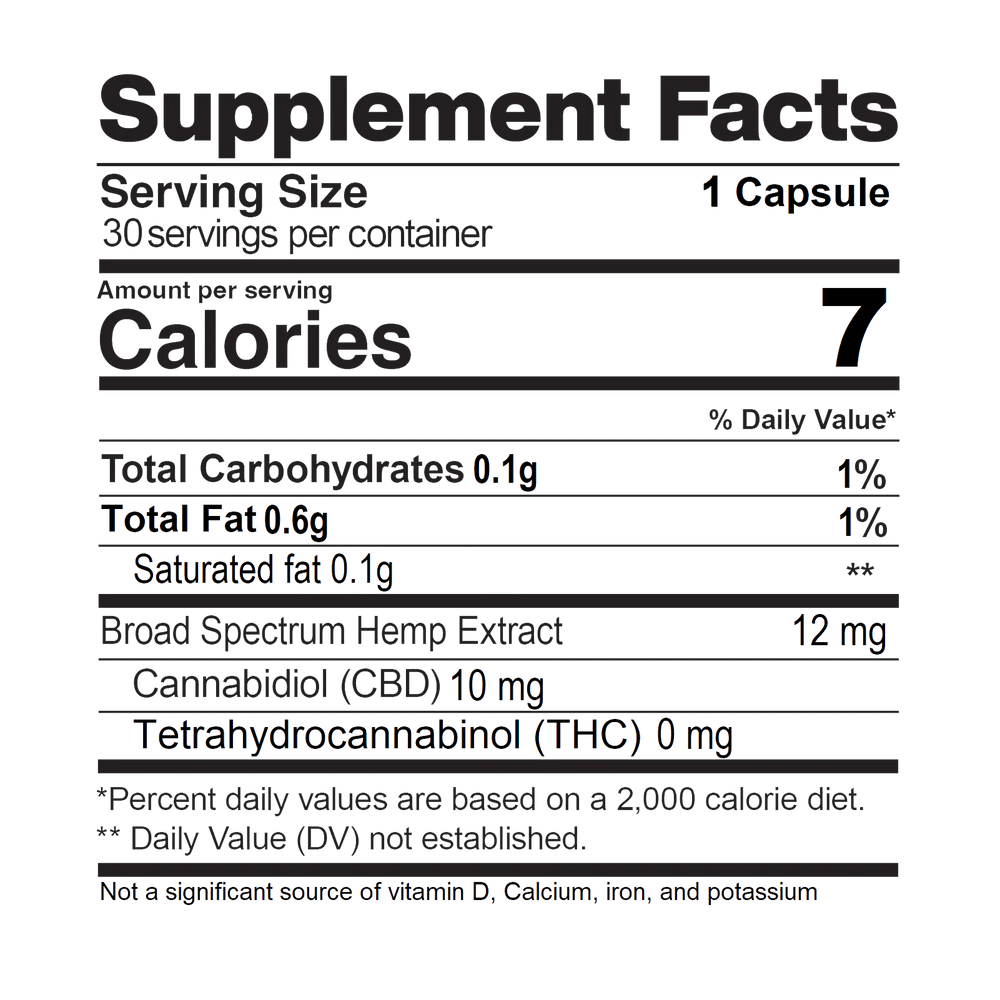 
                  
                    Supplement facts label for Terra Remedy CBD capsules, detailing nutritional information per serving. Each capsule contains 10 mg of CBD and 12 mg of broad-spectrum hemp extract, with 7 calories per serving. THC-free and lab-tested for purity.
                  
                