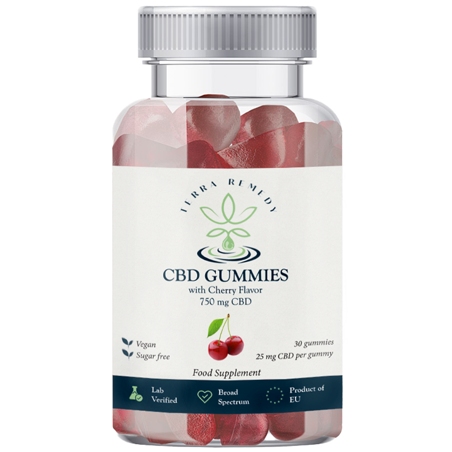 
                  
                    Bottle of Terra Remedy CBD gummies with cherry flavor, containing 750 mg of broad-spectrum CBD. Each bottle includes 30 vegan, sugar-free gummies, with 25 mg of CBD per gummy. Lab-verified, EU-certified product for convenient and flavorful CBD intake.
                  
                