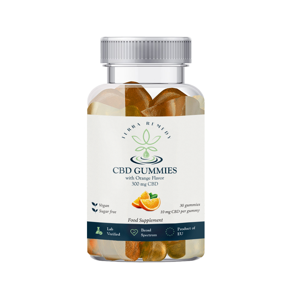 Bottle of Terra Remedy CBD gummies with orange flavor, containing 300 mg of broad-spectrum CBD. Each bottle has 30 vegan, sugar-free gummies, with 10 mg of CBD per gummy. Lab-verified, EU-certified product for convenient and flavorful CBD intake.