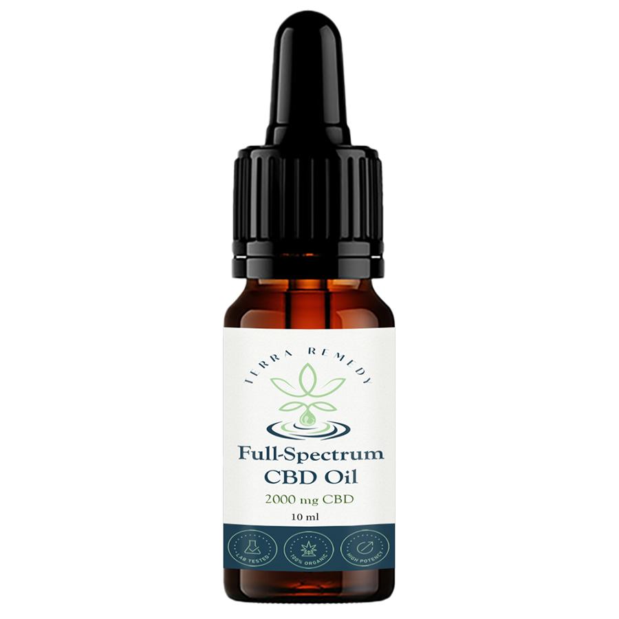 
                  
                    Bottle of Terra Remedy Full-Spectrum CBD Oil, containing 2000 mg of CBD in a 10 ml bottle. Lab-tested, 100% organic, and high potency, this full-spectrum CBD oil is designed for maximum wellness benefits.
                  
                